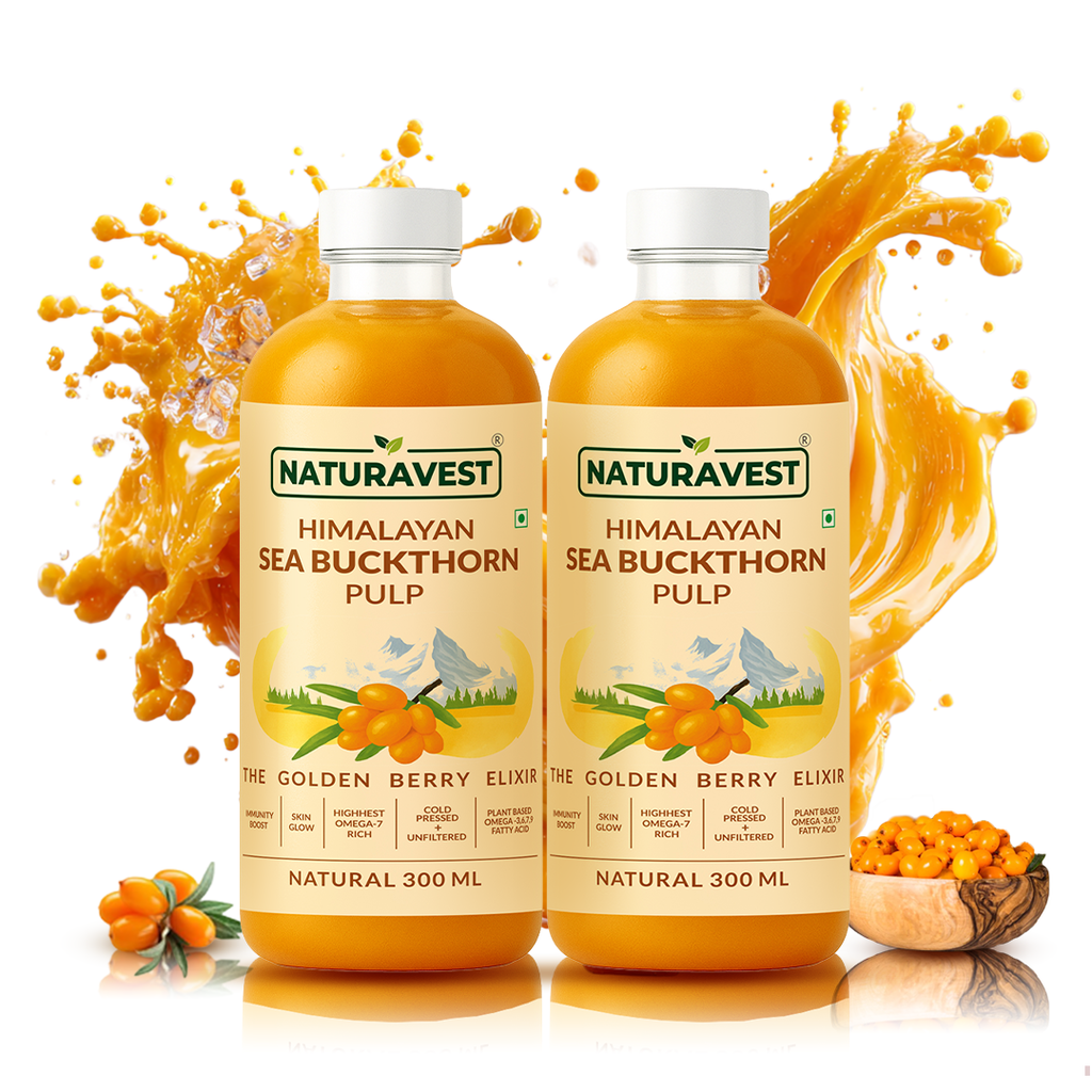 Two bottles of Naturavest Himalayan Sea Buckthorn Pulp with a splash effect on a white background.
