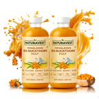 Two bottles of Naturavest Himalayan Sea Buckthorn Pulp with a splash effect on a white background.