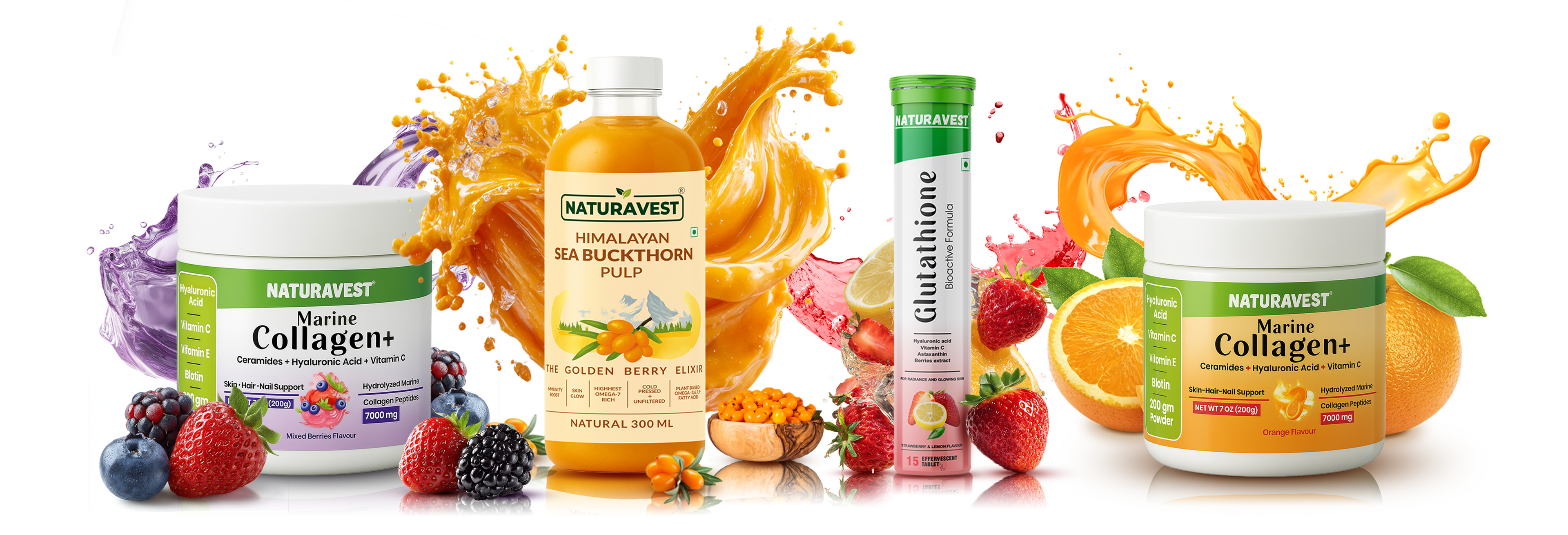 Natures Bounty health products including a bottle, jar, and supplement with fruits and vegetables on a white background.